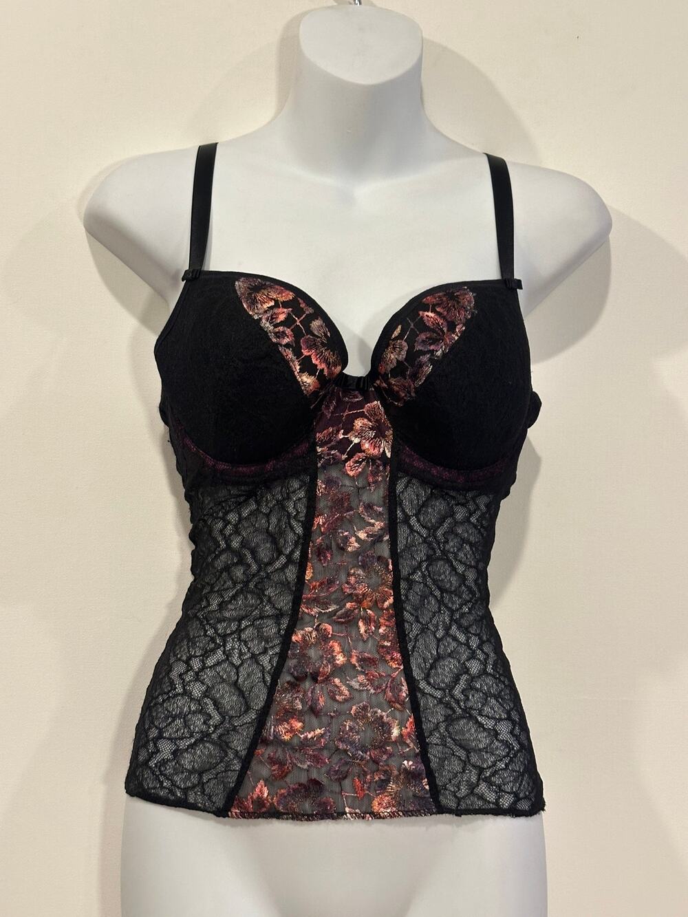 Eden Coe Black Lace Metallic Floral Underwire Corset Bustier Cami Top 30DD